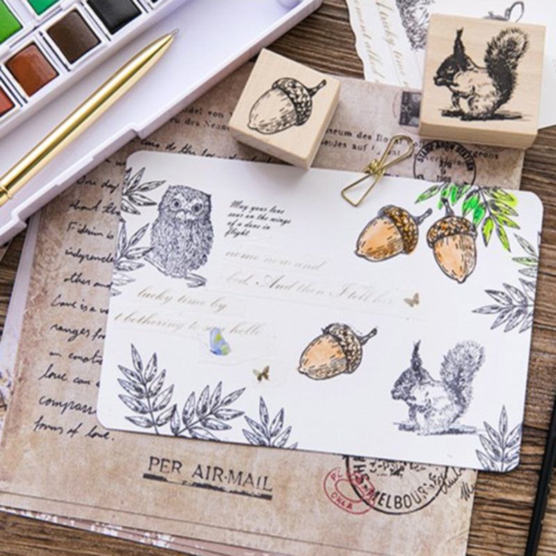 Sello Vintage para decoración de plantas y animales del bosque, sellos de goma madera para álbum de recortes, papelería, sello estándar para manualidades DIY