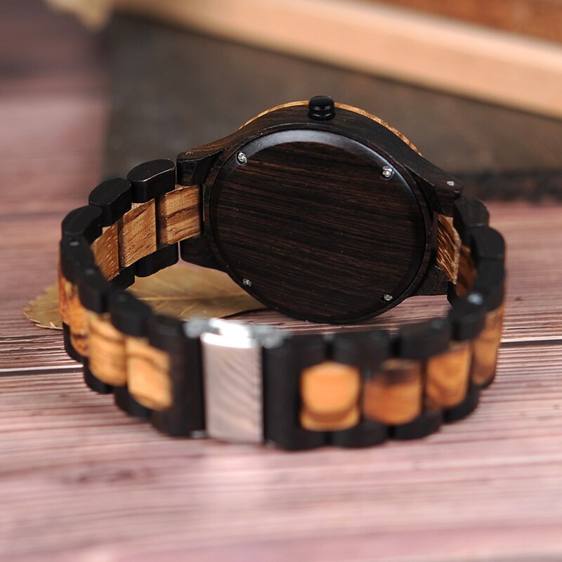 BOBO BIRD D30-1 Zweifarbige Uhren aus Zebra-Holz und Ebenholz mit leuchtenden Zeigern, Quarz-Armbanduhr für Herren in Geschenkbox aus Holz