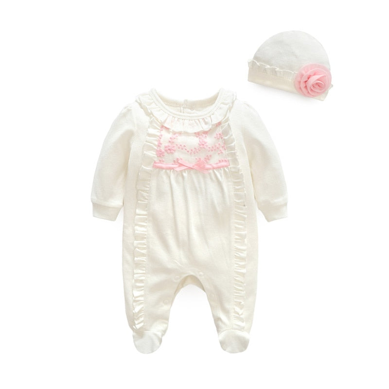 Neugeborenes Baby Mädchen Kleidung Spitze Blumen Overalls &amp; Mützen Outfit Prinzessin Mädchen Footies für 2021 Frühling Baby Body Anzüge