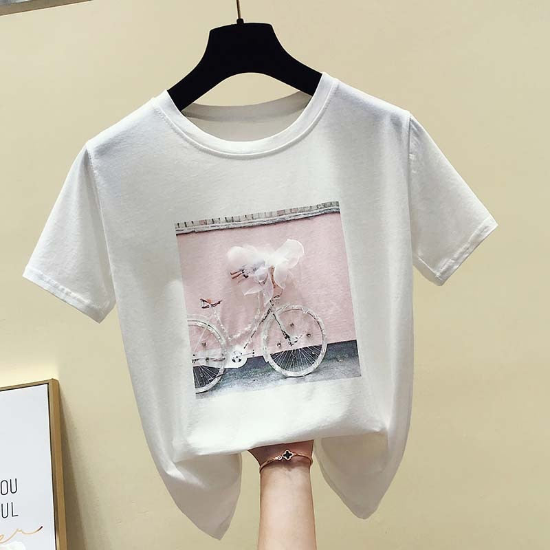 gkfnmt 2021 Art und Weise kühles Druck-weibliches Sommer-T-Shirt weiße Baumwollfrauen-T-Shirts beiläufiges Harajuku-T-Shirt Femme-Rosa-loses Oberteil