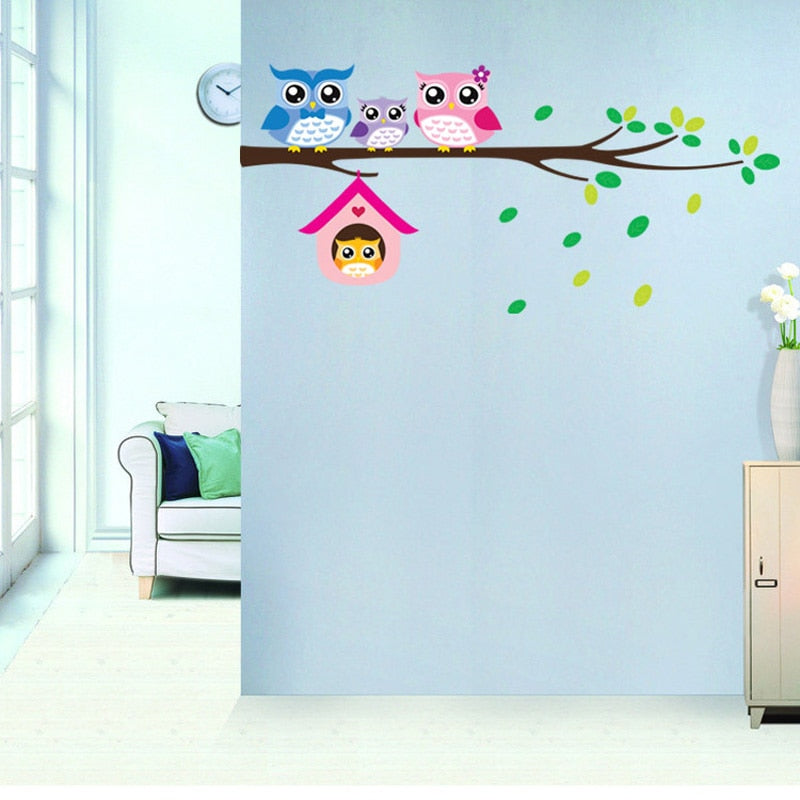 Cartoon Eulenfamilie auf Baum Wandaufkleber für Kinderzimmer Heimdekoration Kindergarten Wandkunst Aufkleber Tiere Aufkleber Tapete