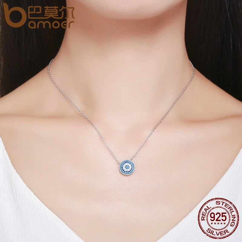 BAMOER Popular 925 Sterling Silver Round Blue Crystal Lucky Blue Eyes Women Pendant Necklaces Authentic Silver Jewelry SCN099