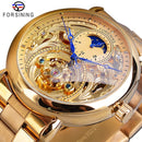 Forsining Automatic Mechanical Business Watch Mens Clock Golden Moon Phase Steel Strap Wrist Watches Top Brand Relogio Masculino