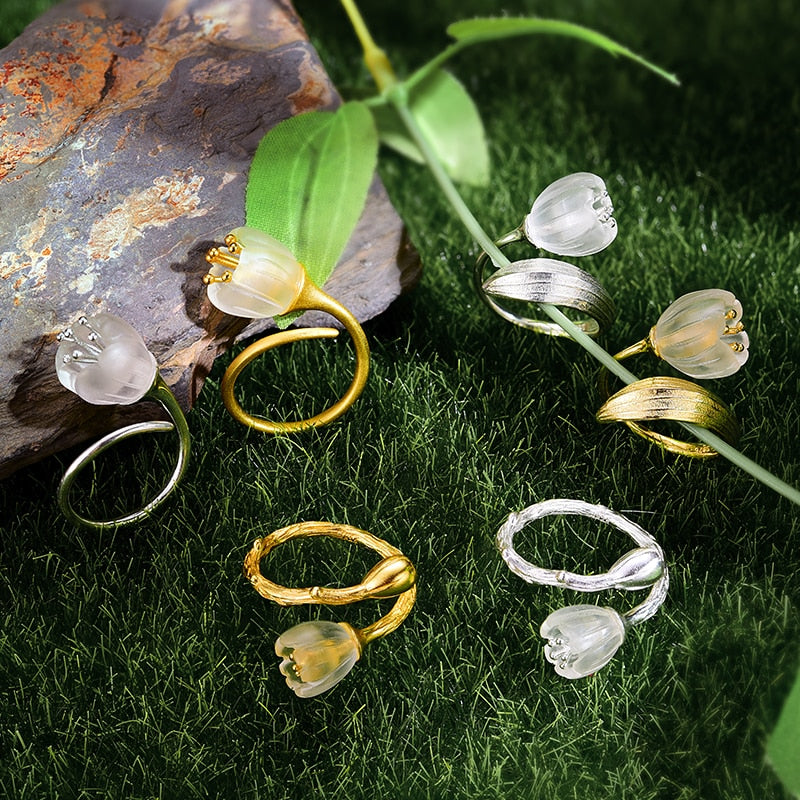 Lotus Fun Ring aus echtem 925er Sterlingsilber, 18 Karat Gold, natürlicher Kristall, handgefertigt, feiner Schmuck, Maiglöckchen, Blumenringe für Frauen