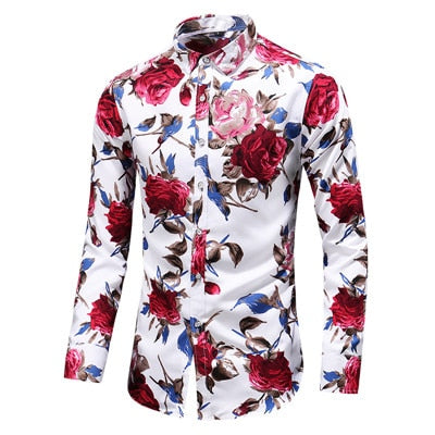 2022 otoño hombres Slim estampado Floral camisas de manga larga marca de moda fiesta vacaciones vestido Casual camisa de flores Homme de talla grande 7XL