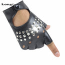 2019 Fashion Half Finger Gloves Women PU Leather Fingerless Driving Gloves Rivet Hollow Dancing Guante For Men Black white Luvas