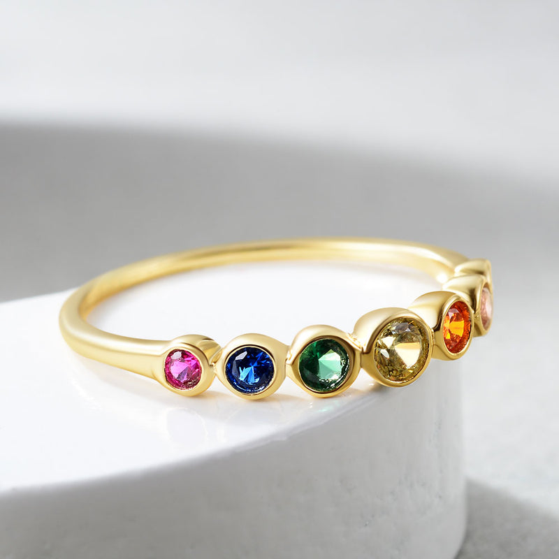 E  Real Sterling Silver 925 Rainbow Ring Women's Color Cubic Zirconia Rings 14K Gold plated Eternity Wedding Rings Jewelry