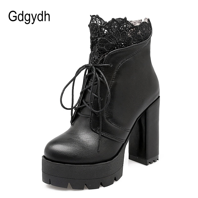 Gdgydh 2022 Autumn Women Lacing Platform Boots High Heels Female Black Platform Heels Spring Short Boots Ladies Shoes for Party