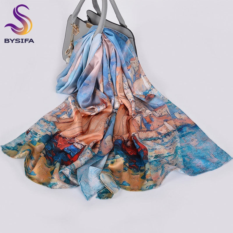 [BYSIFA] New Luxury Pure Silk Scarf Shawl Women Spring Autumn Long Scarves Ladies Brand 100% Silk Neck Scarf Foulard 175*52cm
