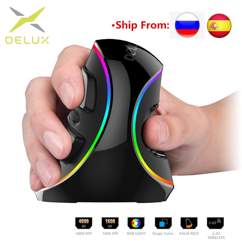 Delux Ergonomics Vertical Gaming Wired Mouse RGB/Single Color/Wireless 6 Buttons 4000 DPI Optical RGB Wireless Right Hand Mice