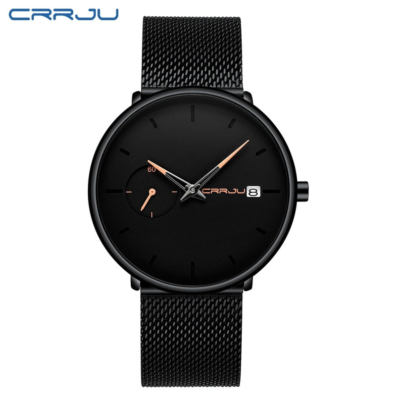 CRRJU Mens Watches Luxury Sport Wrist Watch Unique Design Stainless Steel Auto Date Mesh Strap Men Fashion Casual Quartz Watches