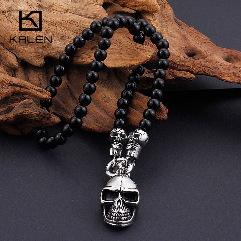 KALEN Afrikanische Glasperlen 47 cm 50 cm 60 cm 75 cm Kette Halsketten Männer Punk Edelstahl Schädel Anhänger Statement Choker Schmuck