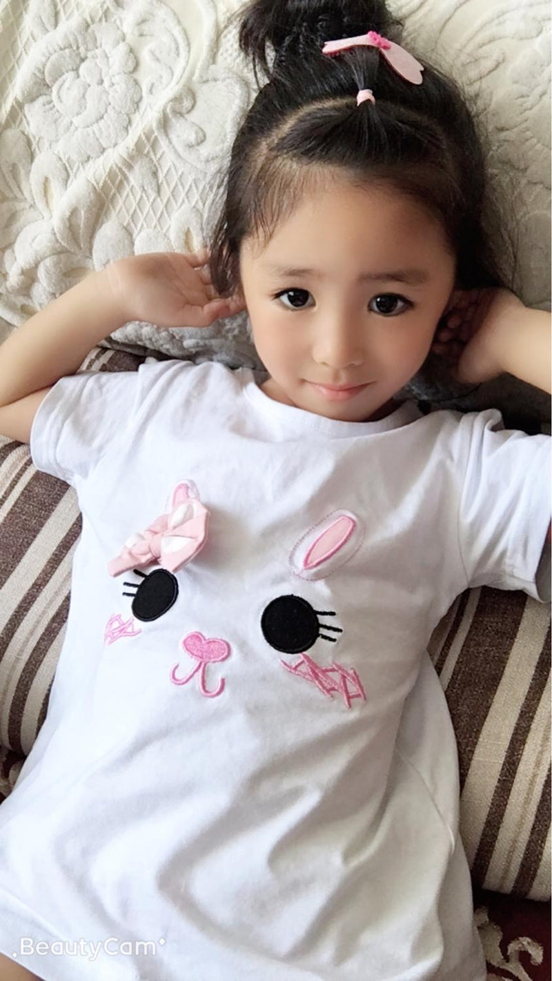 Kids Clothes 2021 Summer 100% Cotton White Pink Cartoon Cat Dot Bowknot Patchwork Short Sleeve O-Neck T-Shirt For Girls