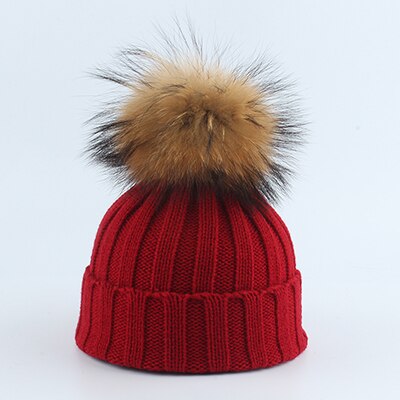 Gorro con pompón de piel auténtica para niños, gorro de punto cálido y bufanda, gorro de invierno para niños y niñas