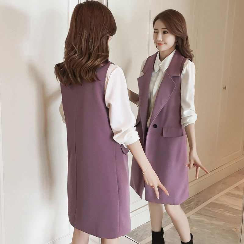 2022 New Spring Elegant Purple Women's Vest Office Lady Korean Long Sleeveless Jacket Fashion Slim Black Female Coat Veste Femme