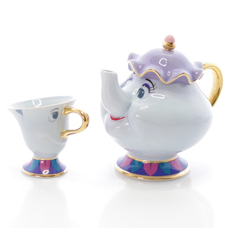 ¡Promoción! Juego de té de La Bella y La Bestia de dibujos animados, tetera Mrs Potts, taza con Chip, azucarero, olla Cogsworth, café, cumpleaños, regalo de Navidad