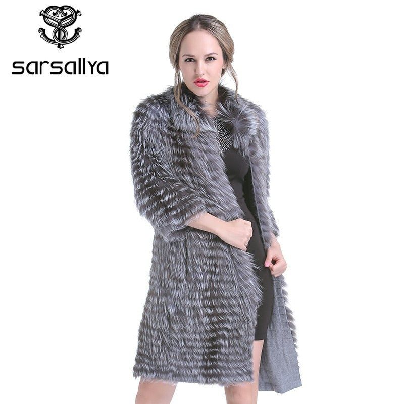 Fuchspelz Mäntel Frauen Silber Fuchs Natürliche Pelzmäntel Weibliche Herbst Gestrickte Lange Echtpelz Jacken Damen Mode Luxus 2020 Neu