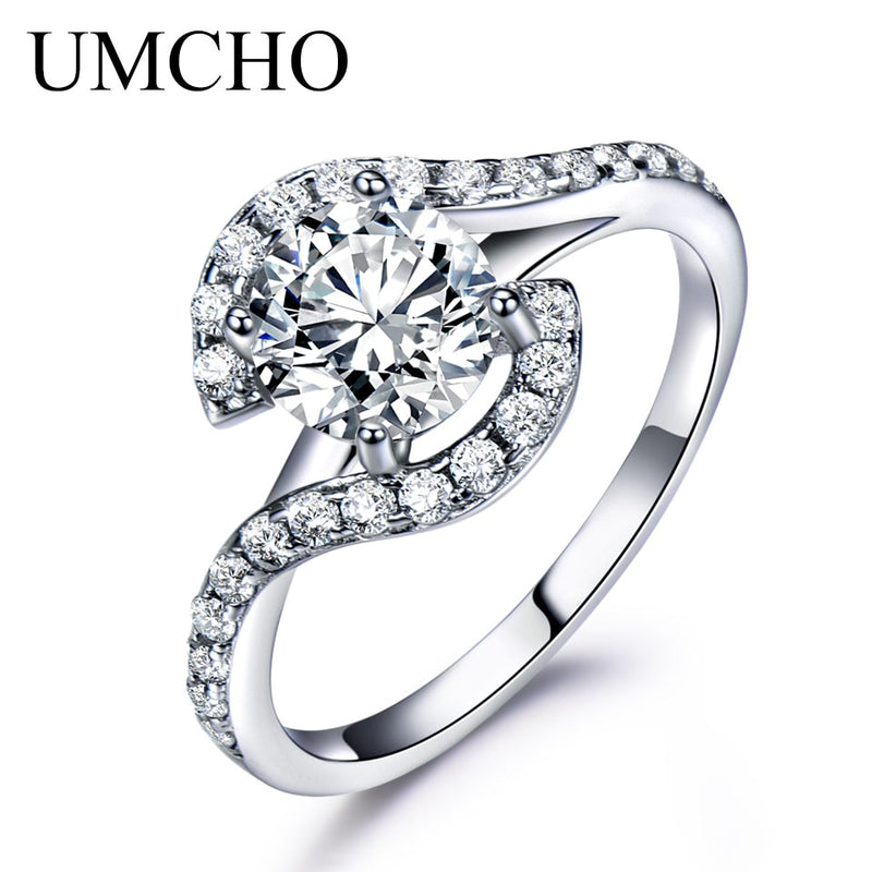 UMCHO Real 925 anillos de plata esterlina para mujer clásico redondo creado cielo azul topacio piedra preciosa boda regalo de San Valentín joyería