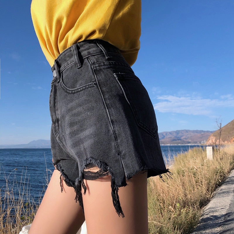 Streetwear pantalones cortos de mezclilla para mujer 2022 verano cintura alta rasgados Cool azul y negro pantalones cortos con borlas bolsillos Mini pantalones vaqueros cortos