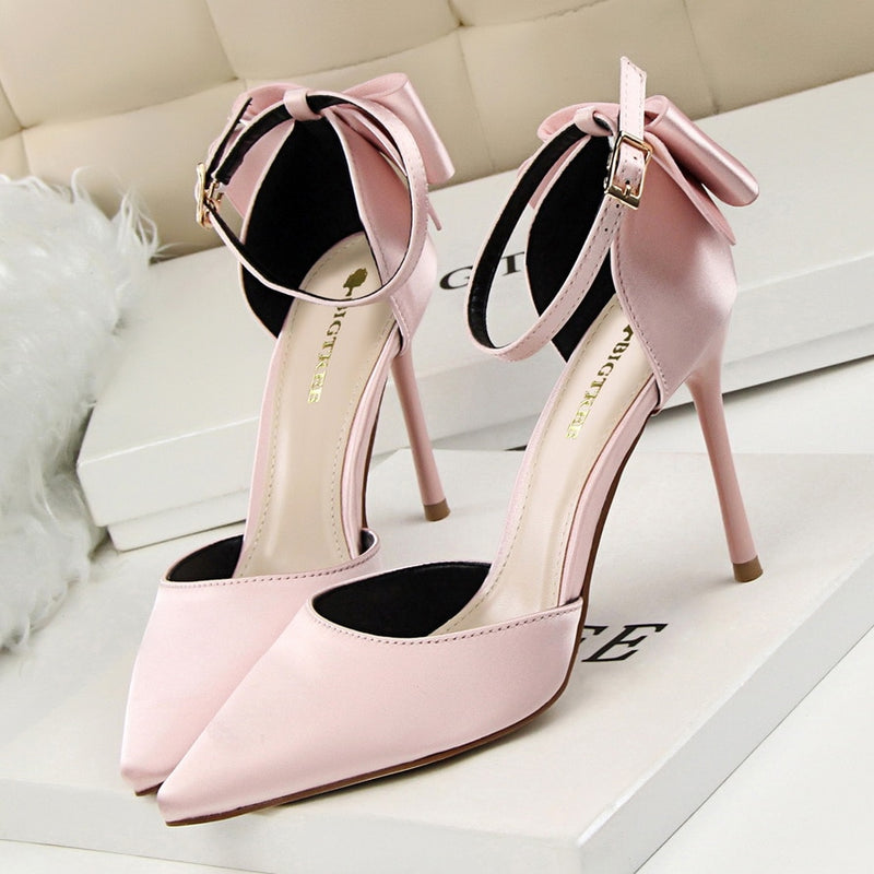 2019 Bow Women Shoes Pointed Toe Pumps Dress Shoes High Heels Boat Shoes Wedding Shoes tenis feminino Side with Plus size 34-43