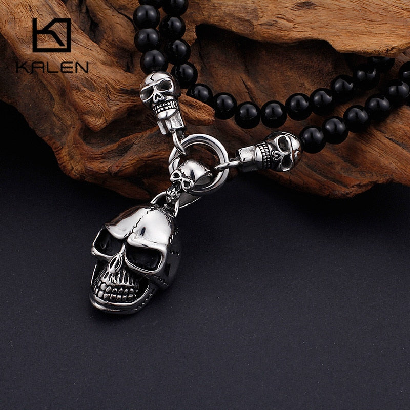 KALEN African Glass Beads 47cm 50cm 60cm 75cm Chain Necklaces Men Punk Stainless Steel Skull Pendant Statement Choker Jewelry