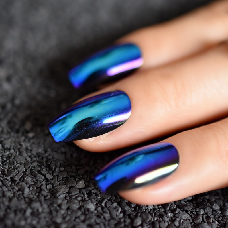 Super Holographice Coffin Nails Mirror Blue Chrome Sparkly Ballerina Fake Nails Consejos de manicura de tamaño mediano con pegamento adhesivo