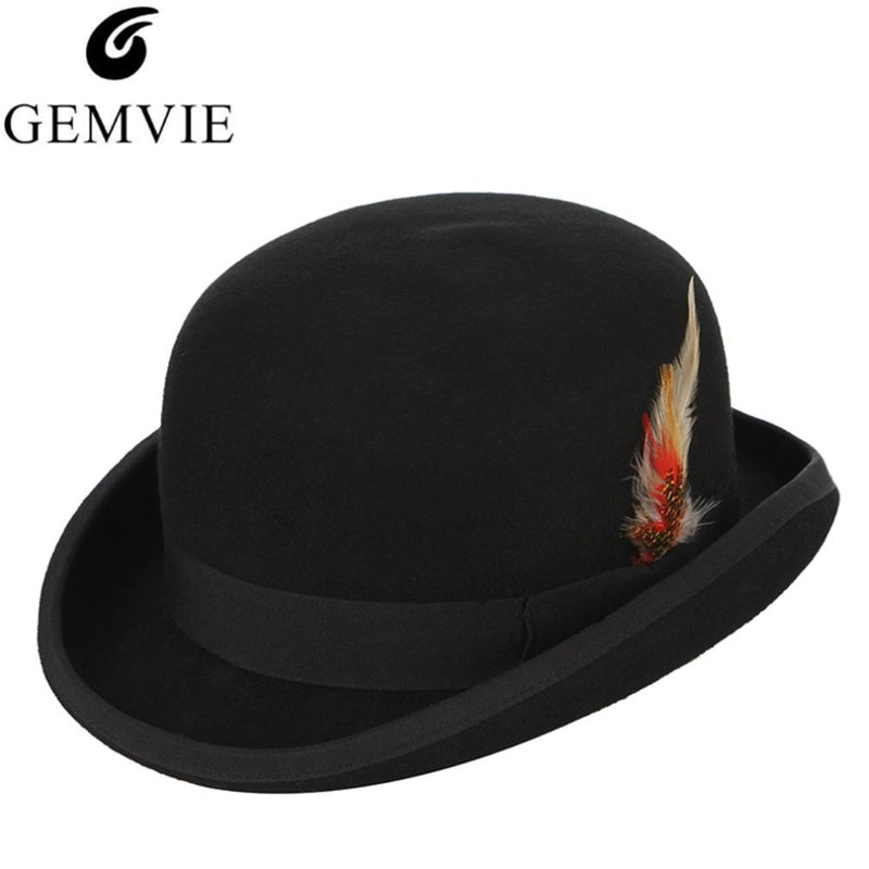 GEMVIE 4 Größen, 100 % Wollfilz, schwarzer Derby-Bowler-Hut für Männer und Frauen, Feder, Satin, Futter, lässig, formeller Fedora