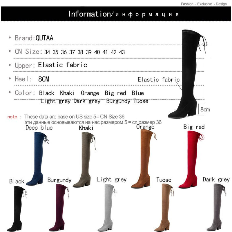 QUTAA 2021 Women Shoes Over The Knee High Boots Pointed Toe Autumn Winter Shoes Women Hoof Heels Flock Women Boots Size 34-43