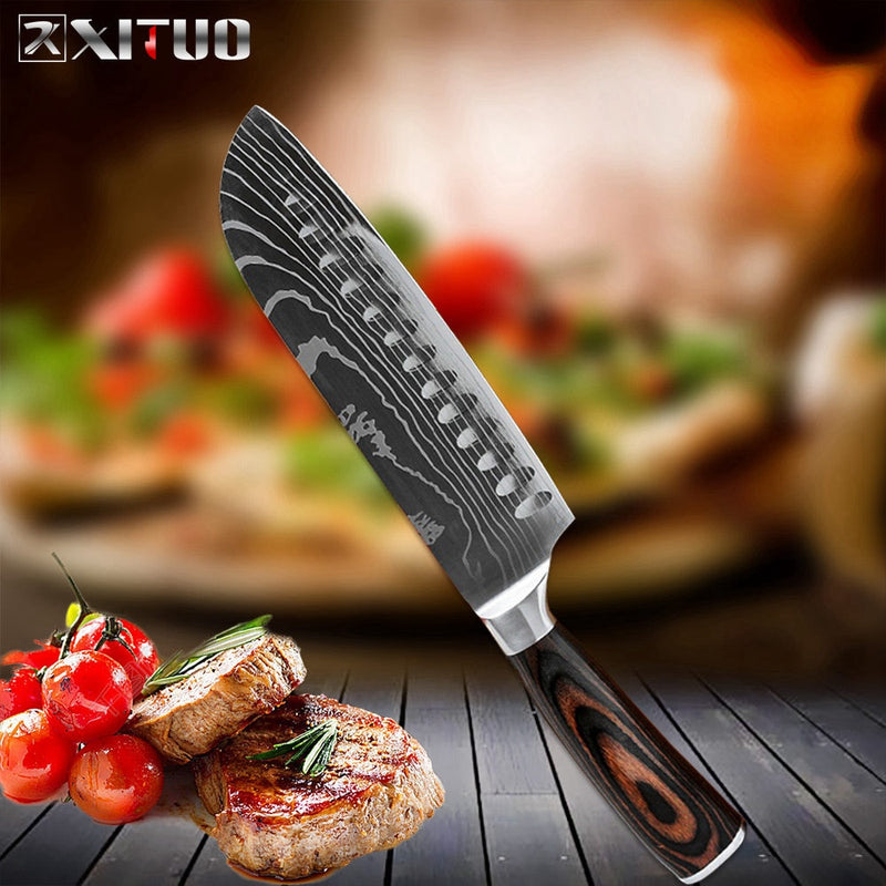 XITUO Kitchen Chef Knife Laser Damascus Pattern High Carbon Stainless Steel Non-stick Frozen Santoku Utility Cleaver Bread kni