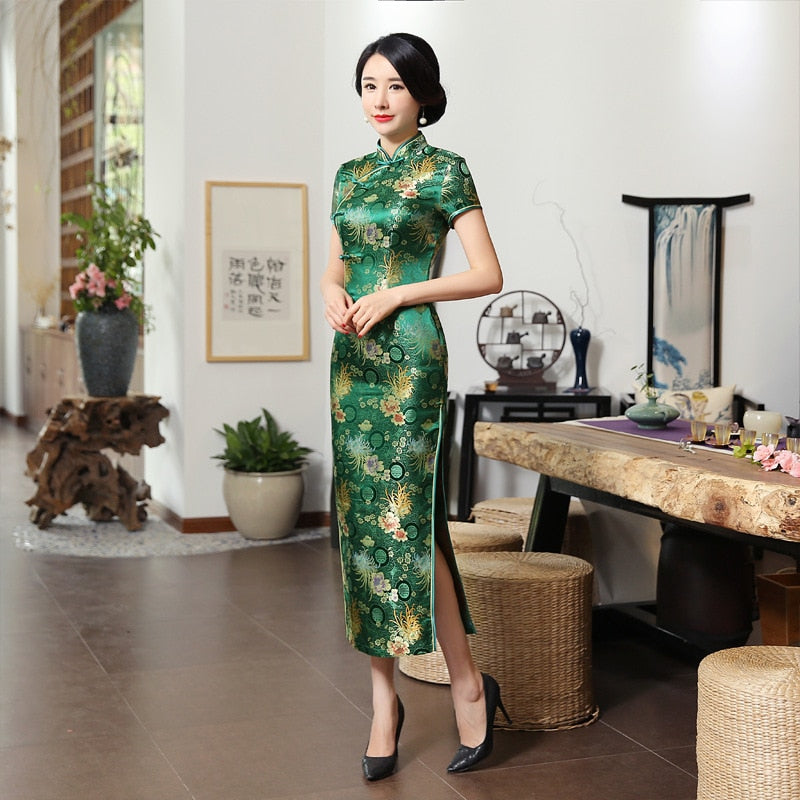 2021 New High Fashion Grün Rayon Cheongsam Chinesische Klassische Frauen Qipao Elegant Kurzarm Neuheit Langes Kleid S-3XL C0136-D