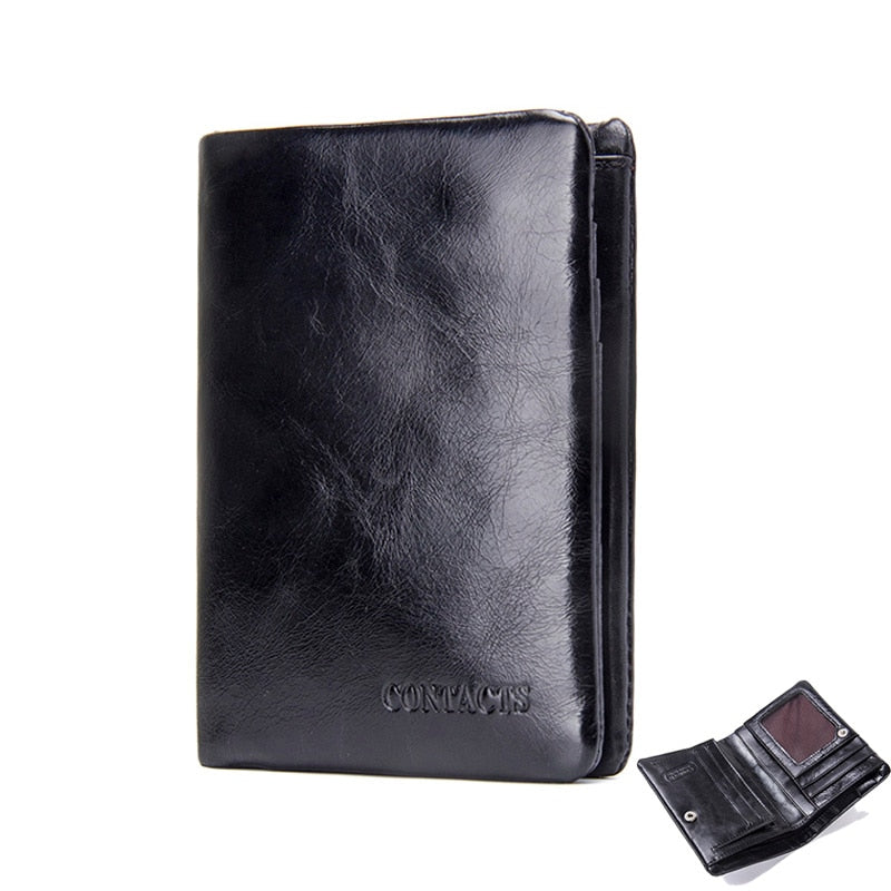 CONTACT&#39;S Genuine Leather Oil Wax Men&#39;s Wallet Black Short Wallets for Men Portomonee Male Card Holder Carteira Masculina Walet