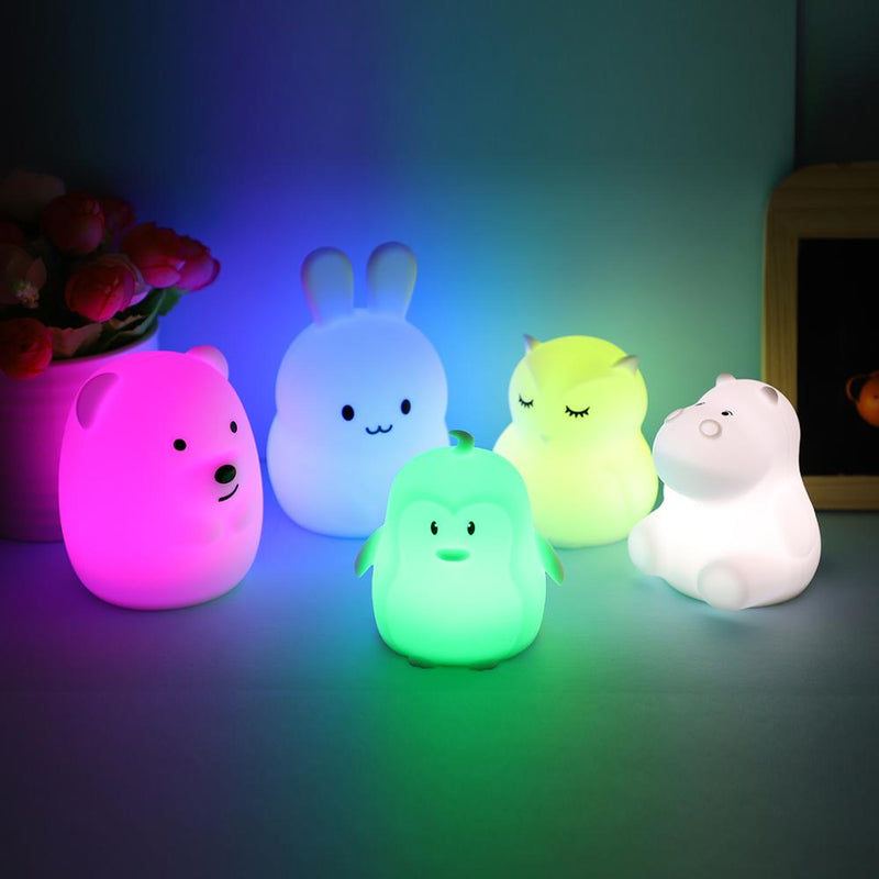 Mini Bear Rabbit Hippo Owl Penguin Lamp RGB LED Night Light Portable Cartoon Silicone Animal Lamp for Children Kids Baby Gift