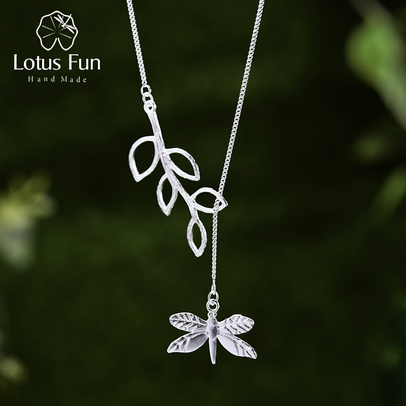Lotus Fun Real 925 Sterling Silver Handmade Fine Jewelry Cute Dragonfly Leaves Necklace with Pendant Fashion for Women Collier