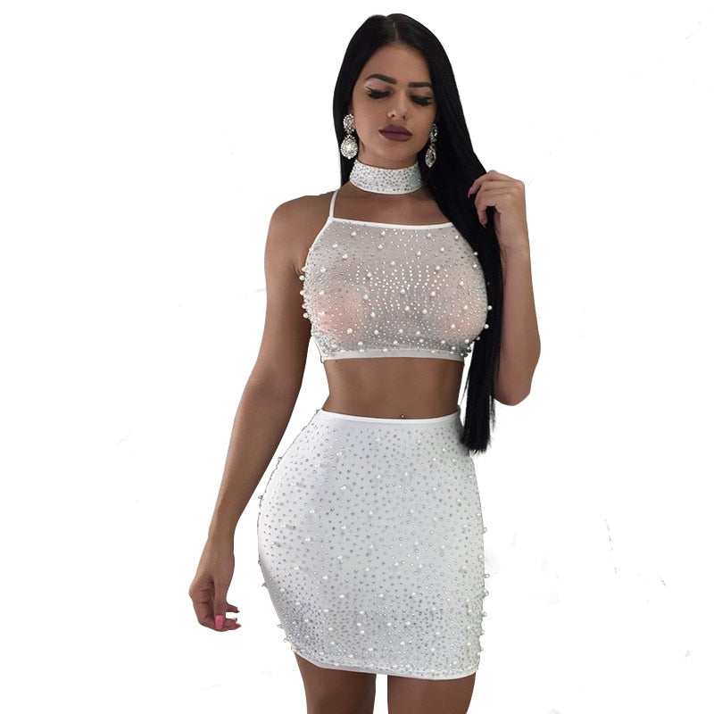 Adogirl Sheer Mesh Pearls 3 Piece Set Women Sexy Night Club Outfits Choker+Spaghetti Straps Lace Up Backless Crop Top+Mini Skirt