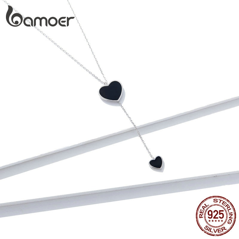 Bamoer, collar con colgante de corazón negro doble de Plata de Ley 925 para mujer, collar de cadena en forma de Y de esmalte negro Simple BSN095