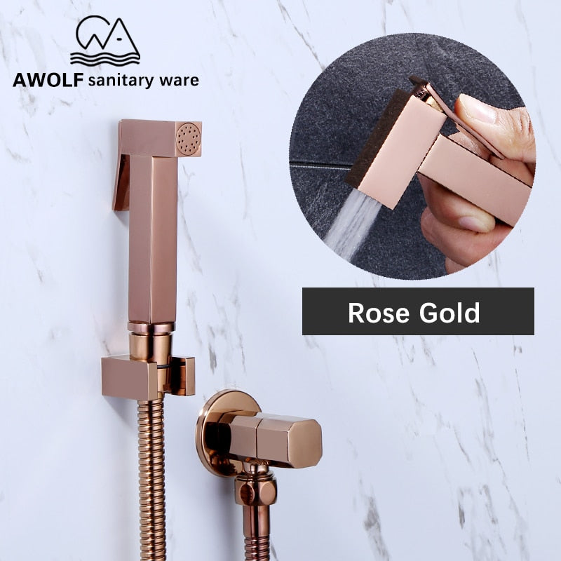 Solid Brass Rose Gold Hand Held Bidet Sprayer Square Toilet Shattaf Dual Single Copper Valve Douche Kit Shower Head AP2180