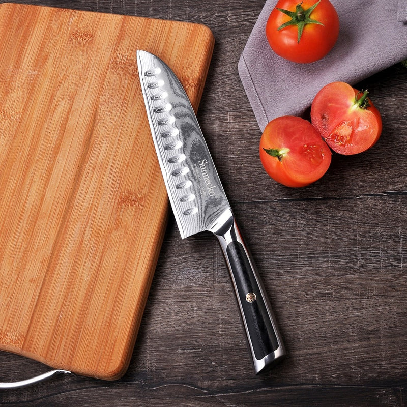 SUNNECKO 17,8 cm Damast-Santoku-Messer, japanische VG10-Kernstahlklinge, rasiermesserscharfe Küchenmesser, G10-Griff, Gemüse-Fleischschneider