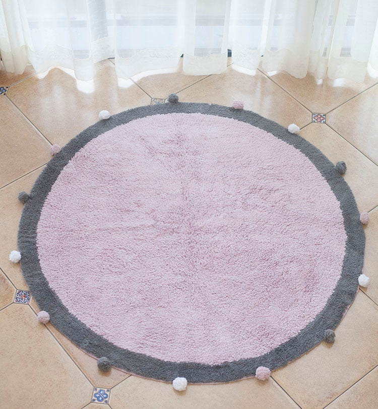 Alfombra redonda Tapete Infantil nórdico de algodón suave y esponjoso, alfombras Kilim para bebés, niños, dormitorio, sala de estar, rosa, gris y azul