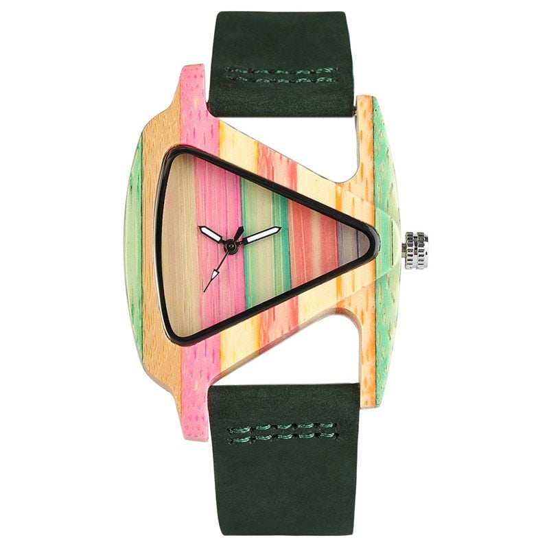 Unique Colorful Wood Watch Creative Triangle Shape Dial Hour Clock Women Quartz Leather Bracelet Watch Women&