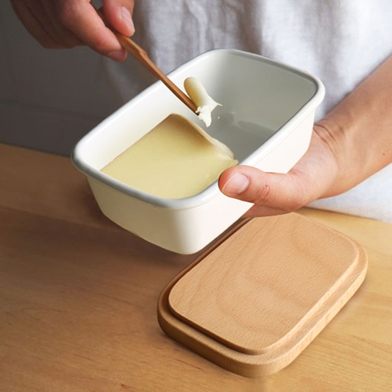 Butter Box Dishes Enamel Butter Container Plates Tray With Wooden Lid Cover Black High Quality White Storage Box High Quality