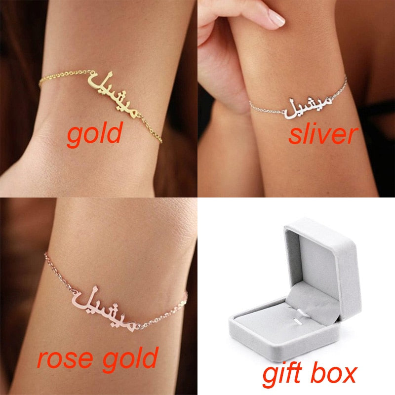 Benutzerdefinierte personalisierte arabische Name Charming Color Edelstahl Armbänder für Frauen Männer Classic Typenschild Armband Schmuck