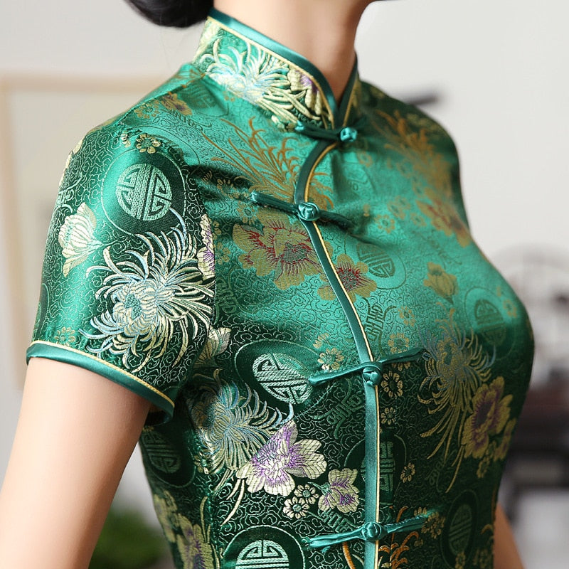 2021 New High Fashion Grün Rayon Cheongsam Chinesische Klassische Frauen Qipao Elegant Kurzarm Neuheit Langes Kleid S-3XL C0136-D