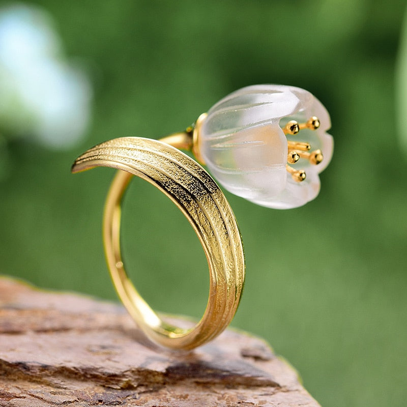 Lotus Fun Ring aus echtem 925er Sterlingsilber, 18 Karat Gold, natürlicher Kristall, handgefertigt, feiner Schmuck, Maiglöckchen, Blumenringe für Frauen