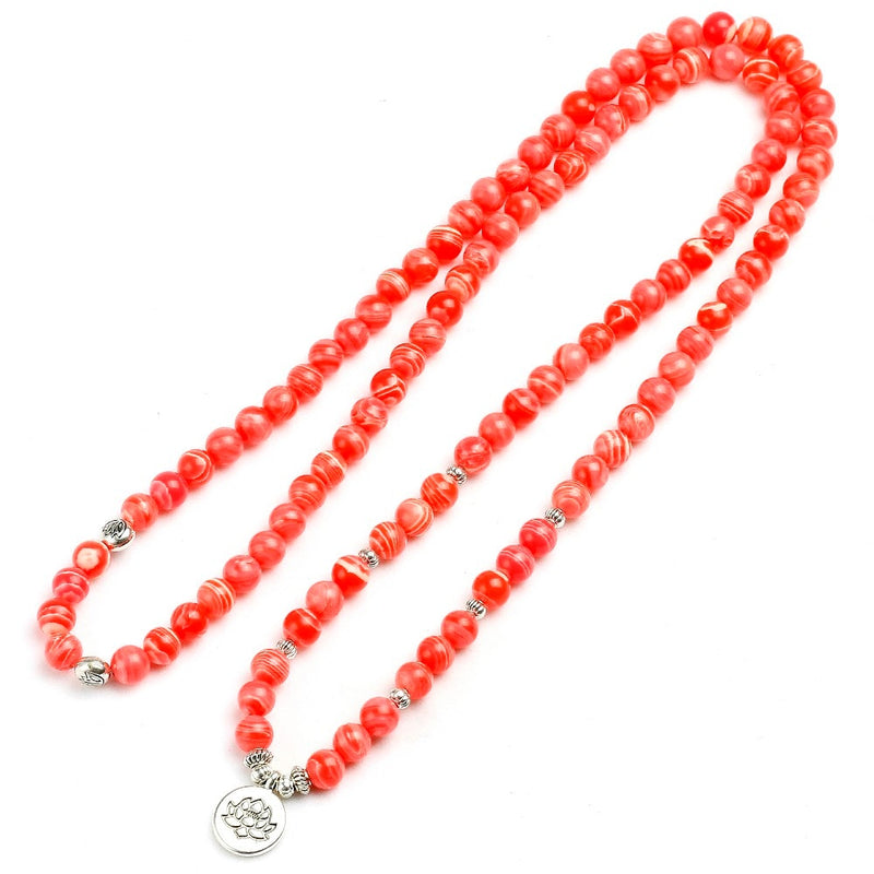 Cuentas de piedra de rodocrosita pulsera de mujer Yoga Lotus Tree Life Charm Wing Mala collar joyería regalo hecho a mano