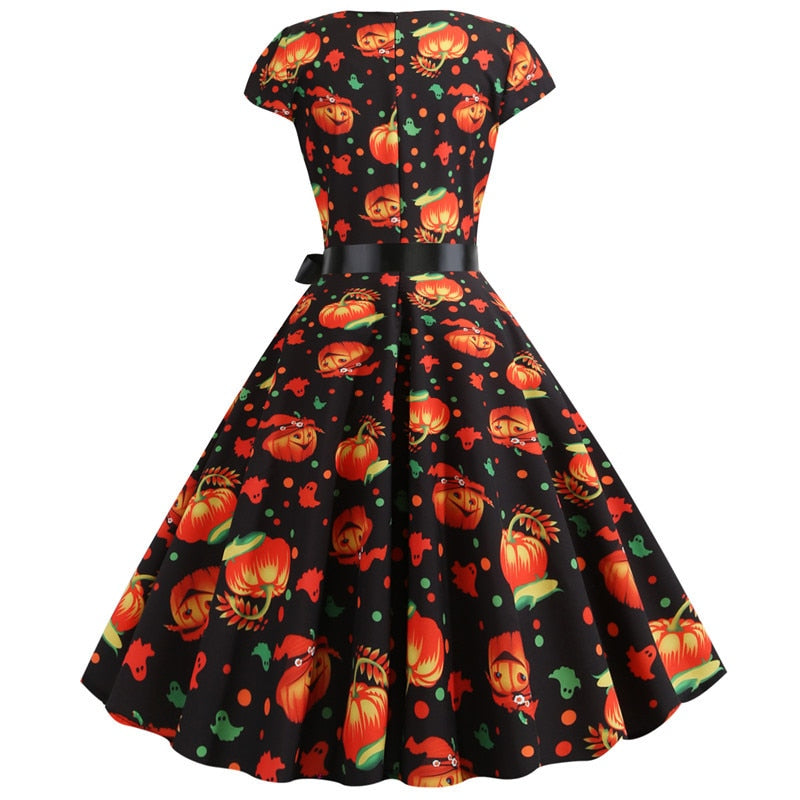 Pumpkin Print Halloween Women 2022 Summer O Neck Short Sleeve Party Robe Femme Elegant Vintage Dresses