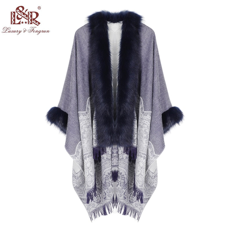 2020 Winter-Foulard-Frauen-Poncho mit Pelz-Kragen-Blumen-weiblichem Kaschmir-Schal-Schal-Jacquard-Fähigkeits-warmer Pashmina-Poncho-Quaste