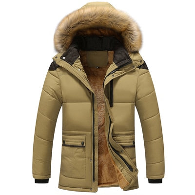 Chaquetas de invierno de piel de montaña para hombre, abrigos gruesos de lana 5XL con cuello de piel y capucha para hombre, chaqueta informal para hombre, prendas de vestir exteriores a prueba de viento SA390