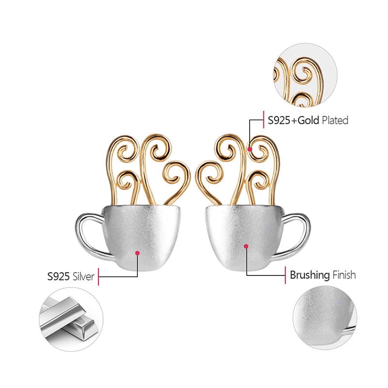 Pendientes Lotus Fun de plata de ley 925 auténtica, joyería fina hecha a mano Original, pendientes de tuerca a la moda con taza de café caliente para regalo de mujer