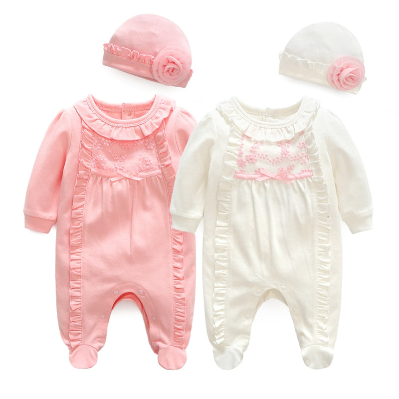 Neugeborenes Baby Mädchen Kleidung Spitze Blumen Overalls &amp; Mützen Outfit Prinzessin Mädchen Footies für 2021 Frühling Baby Body Anzüge