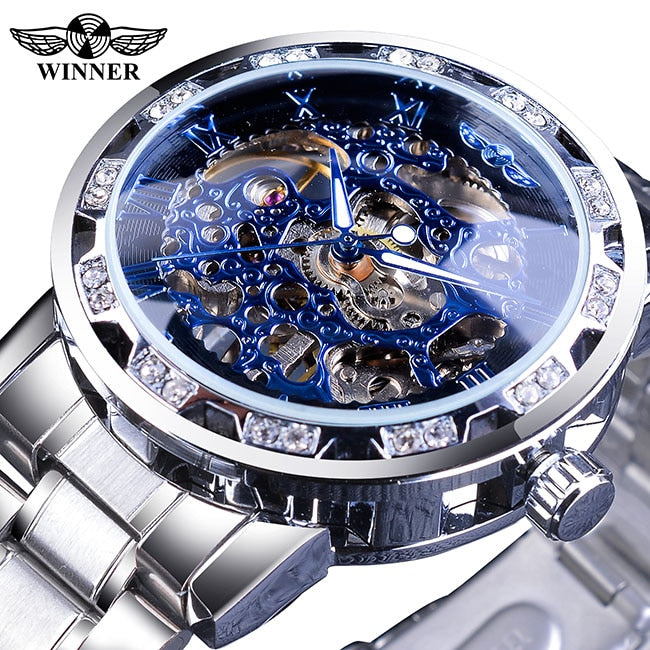 Winner Transparent Diamond Mechanical Watch Blue Edelstahl Skeleton Watch Top Brand Luxury Business Luminous Male Clock
